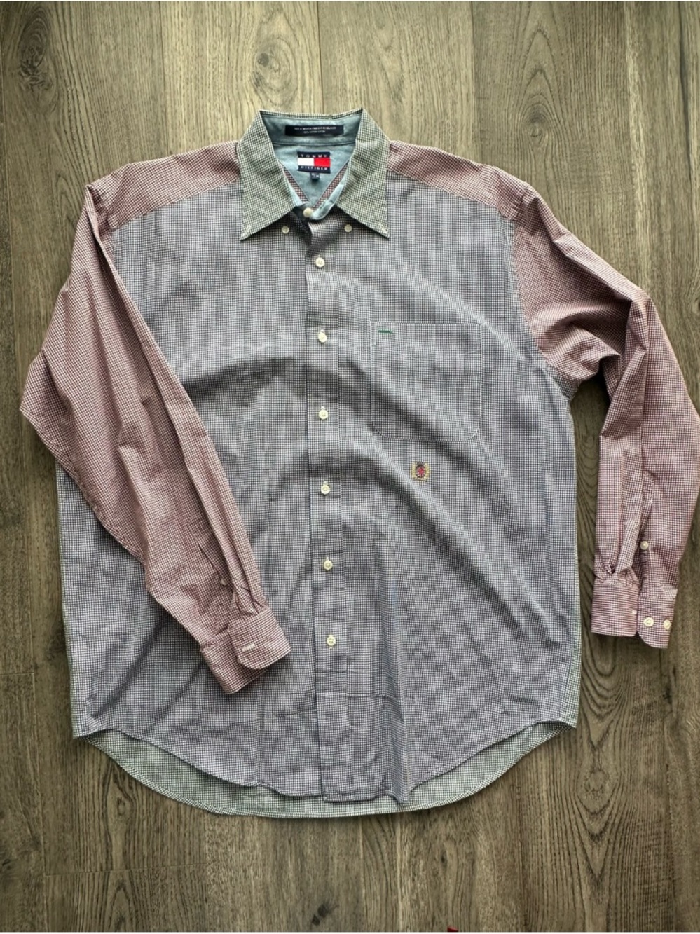 Vintage Tommy Hilfiger Men’s Multi-Pattern Color BlockDress Shirt - Red and Blue